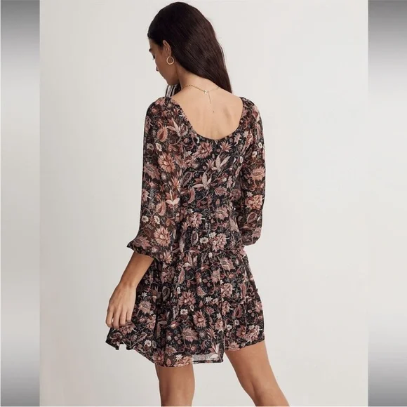 Madewell Amalia tiered chiffon mini dress in pampas blooms floral metallic print - Picture 2 of 9